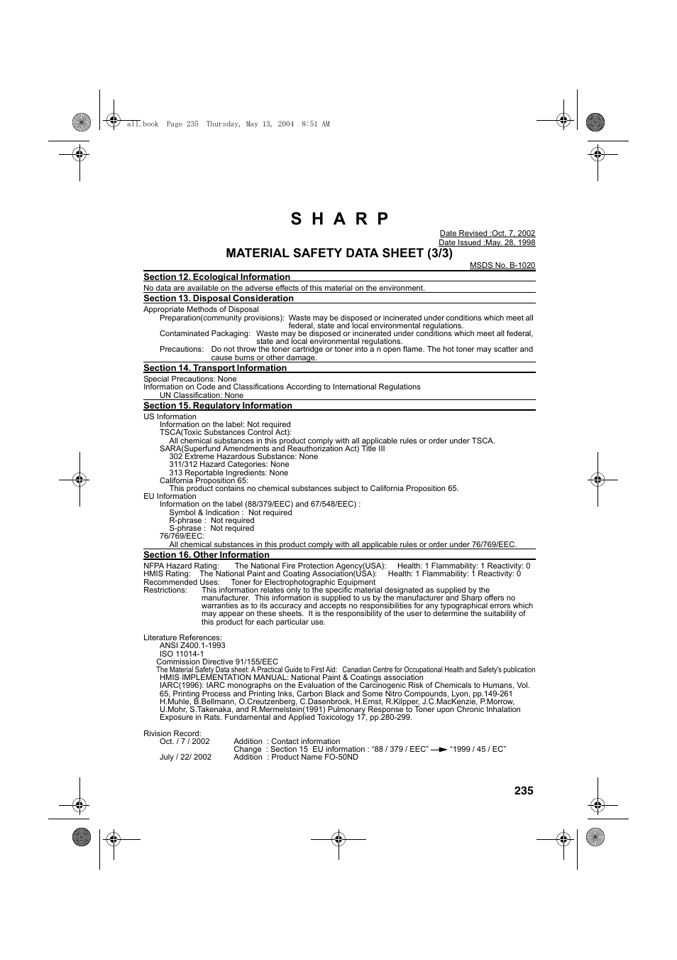 Material safety data sheet (3/3) | Sharp FODC525 User Manual | Page 237 / 248