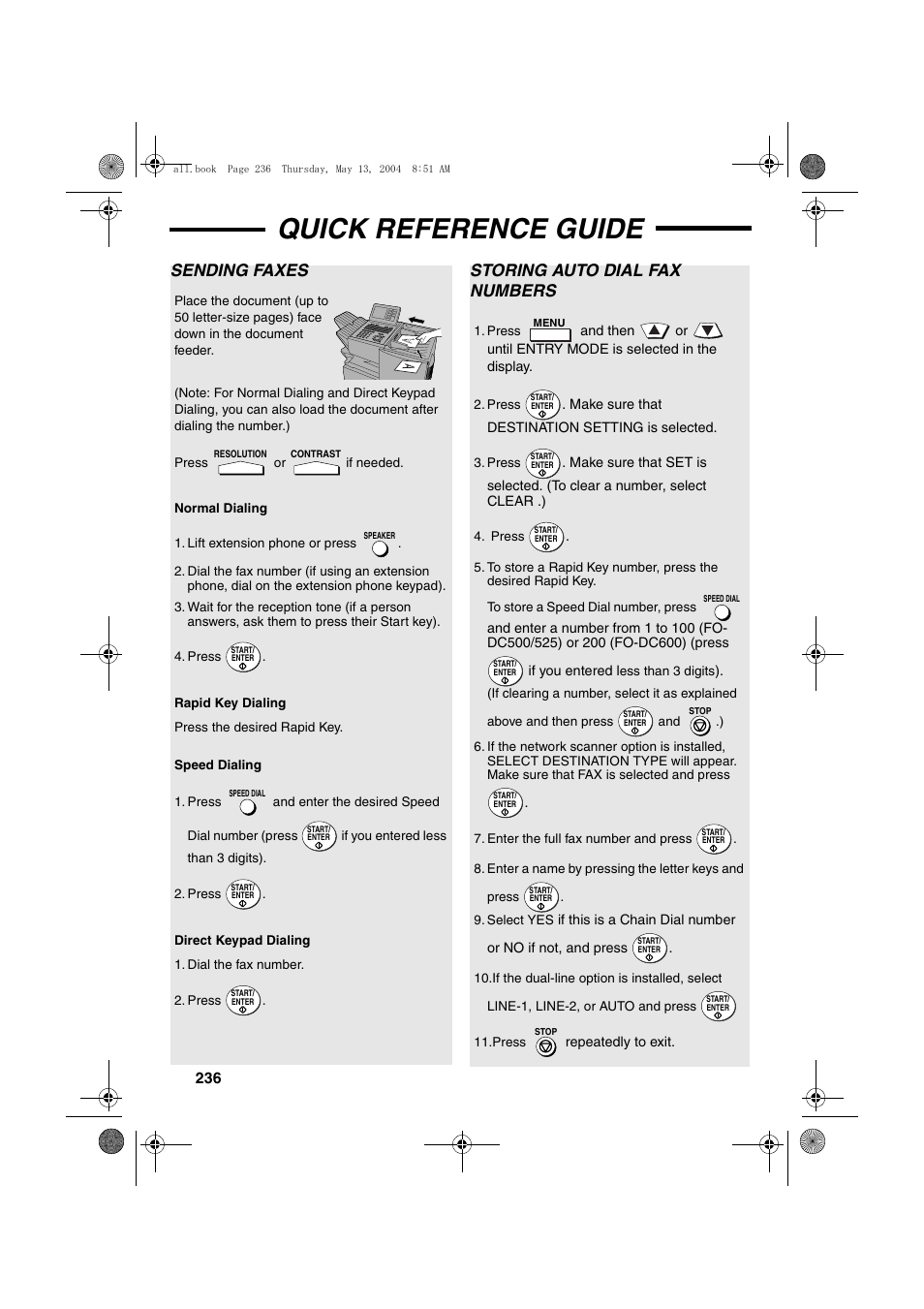 Quick reference guide, Sending faxes, Storing auto dial fax numbers | Sharp FODC525 User Manual | Page 238 / 248