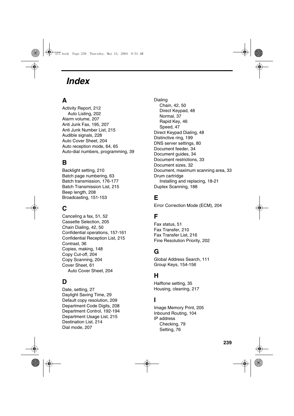 Index | Sharp FODC525 User Manual | Page 241 / 248