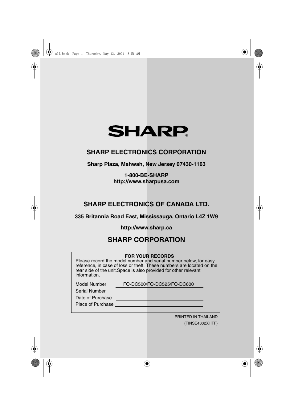 Sharp corporation, Sharp electronics corporation, Sharp electronics of canada ltd | Sharp FODC525 User Manual | Page 248 / 248