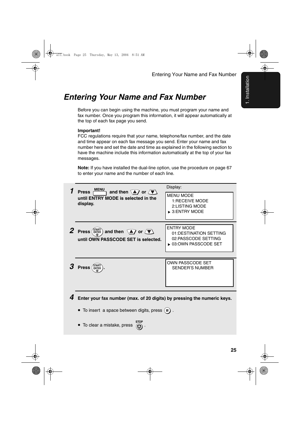 Entering your name and fax number | Sharp FODC525 User Manual | Page 27 / 248