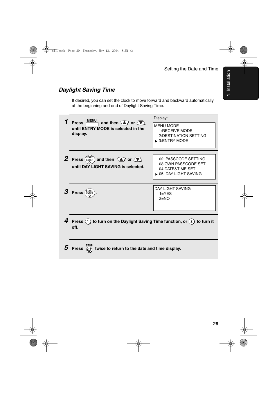 Daylight saving time | Sharp FODC525 User Manual | Page 31 / 248