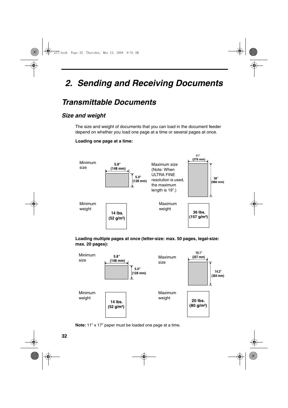 Sending and receiving documents, Transmittable documents, Size and weight | Sharp FODC525 User Manual | Page 34 / 248