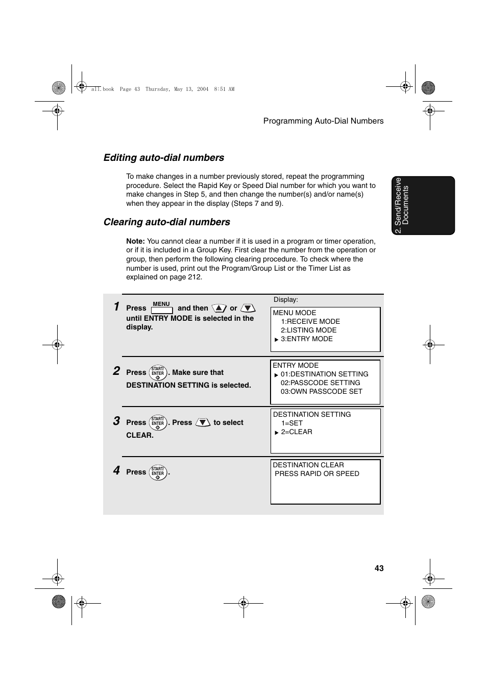 Editing auto-dial numbers, Clearing auto-dial numbers | Sharp FODC525 User Manual | Page 45 / 248