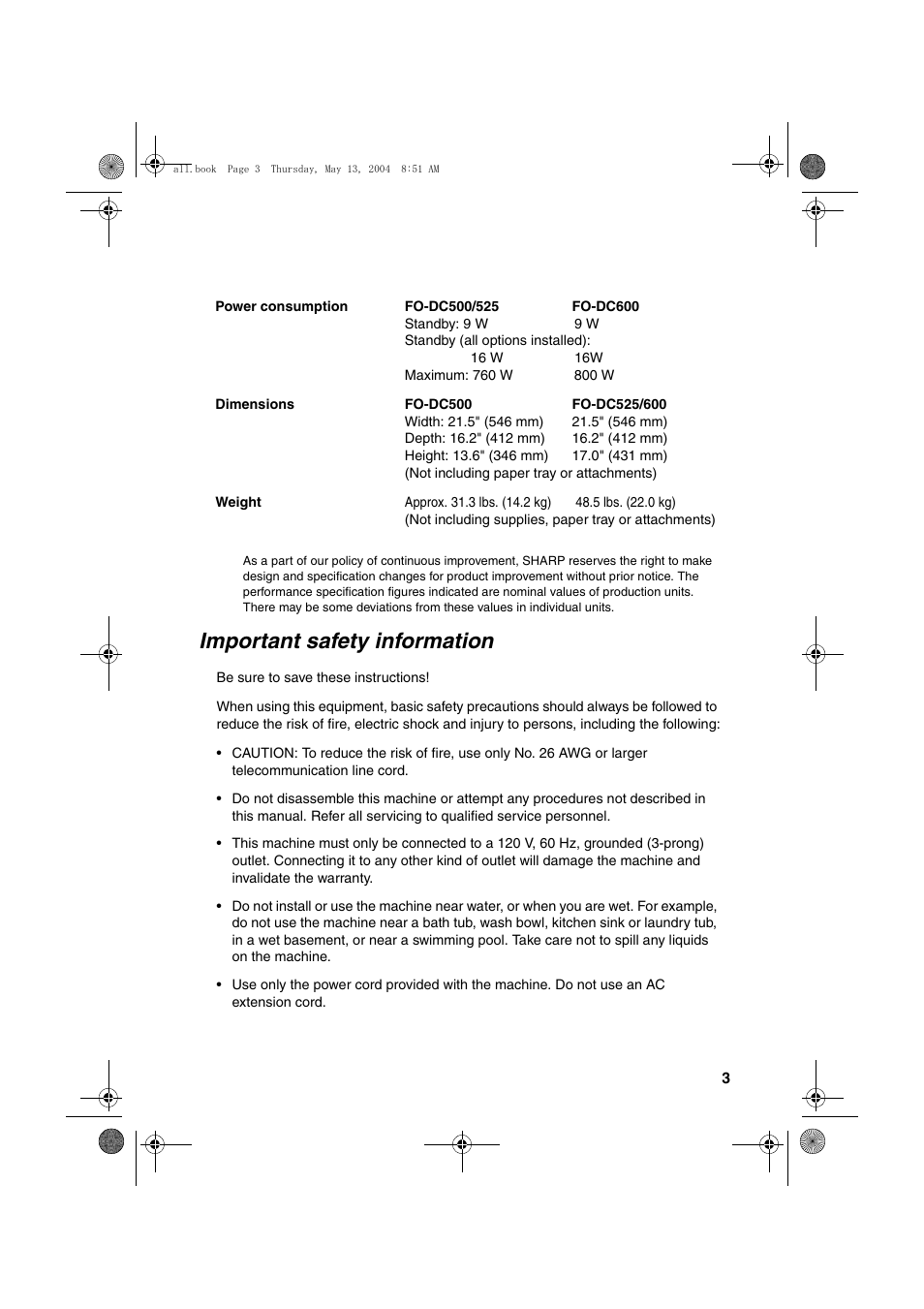 Important safety information | Sharp FODC525 User Manual | Page 5 / 248