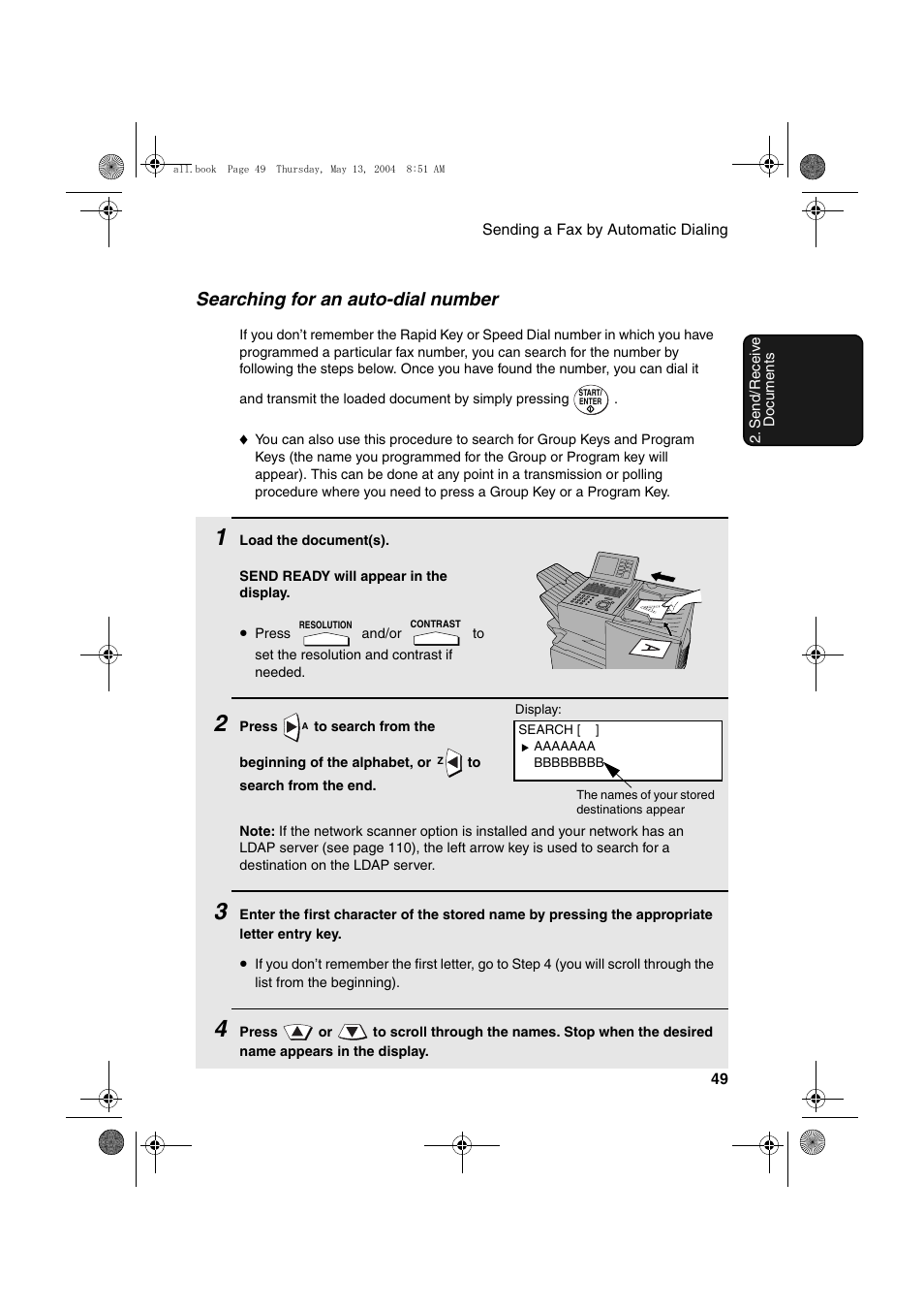 Searching for an auto-dial number | Sharp FODC525 User Manual | Page 51 / 248