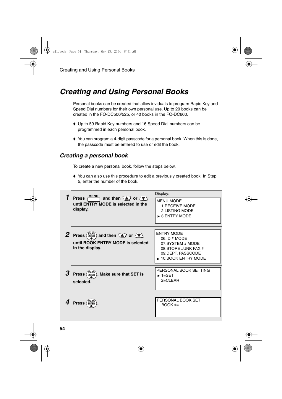 Creating and using personal books, Creating a personal book | Sharp FODC525 User Manual | Page 56 / 248