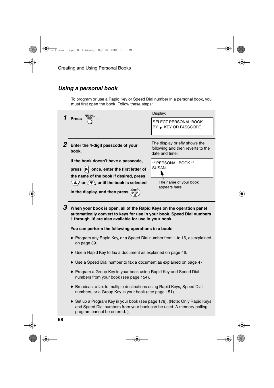 Using a personal book | Sharp FODC525 User Manual | Page 60 / 248