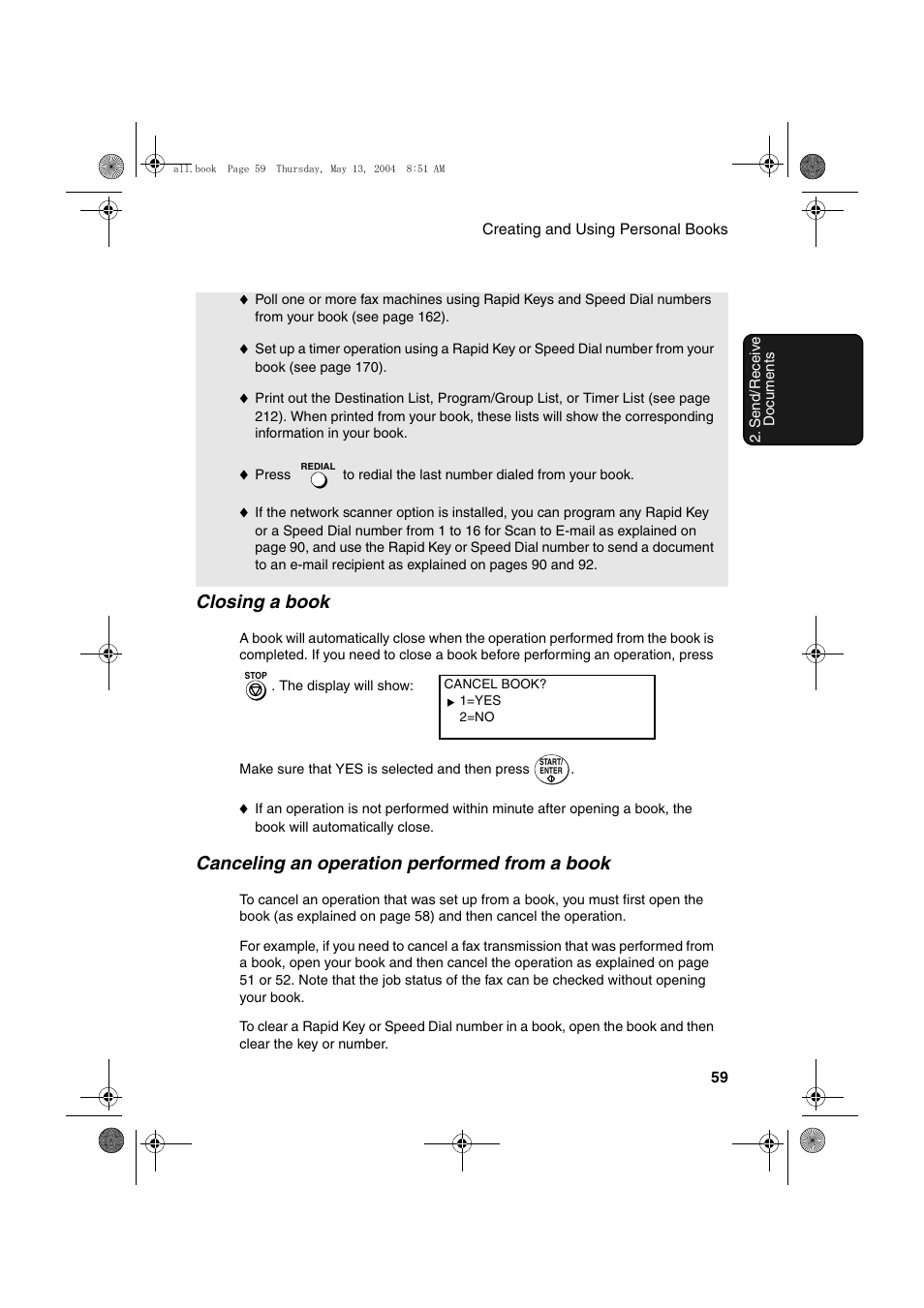 Closing a book, Canceling an operation performed from a book | Sharp FODC525 User Manual | Page 61 / 248