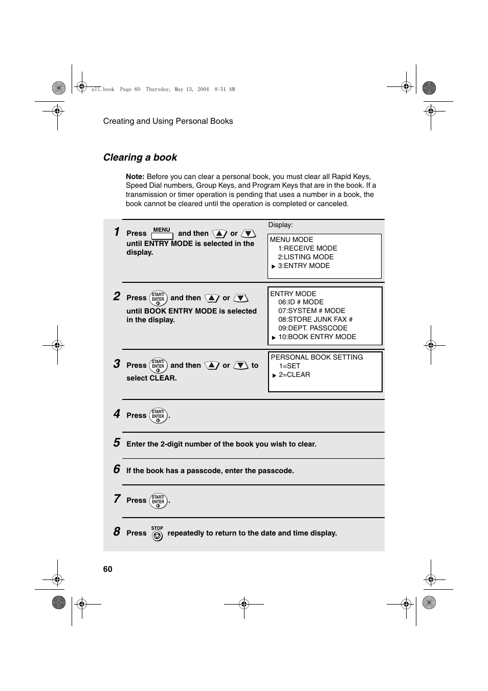 Clearing a book | Sharp FODC525 User Manual | Page 62 / 248