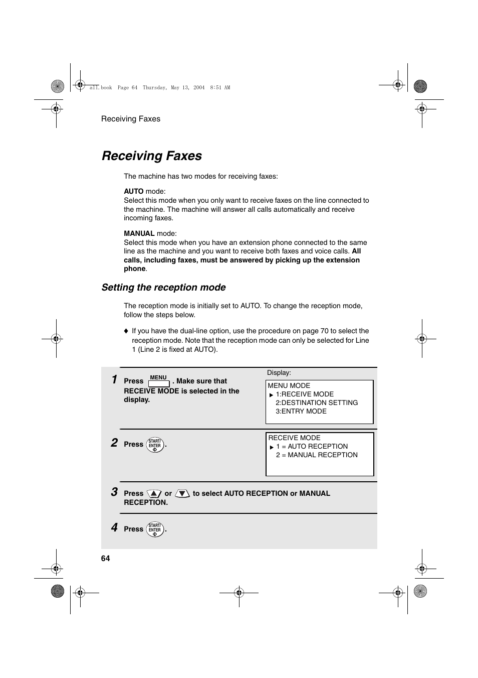 Receiving faxes, Setting the reception mode | Sharp FODC525 User Manual | Page 66 / 248