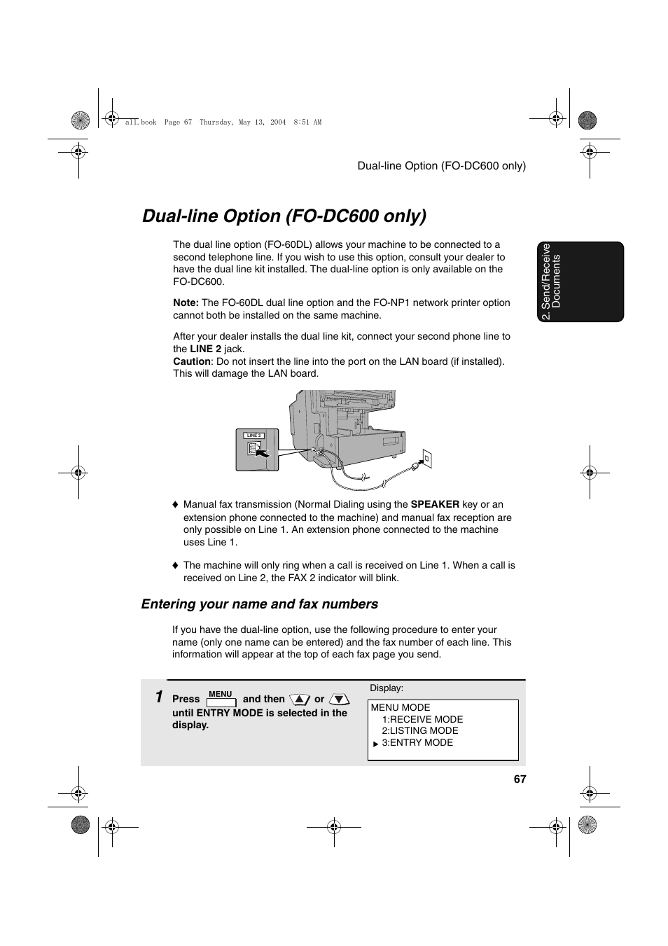 Dual-line option (fo-dc600 only), Entering your name and fax numbers | Sharp FODC525 User Manual | Page 69 / 248