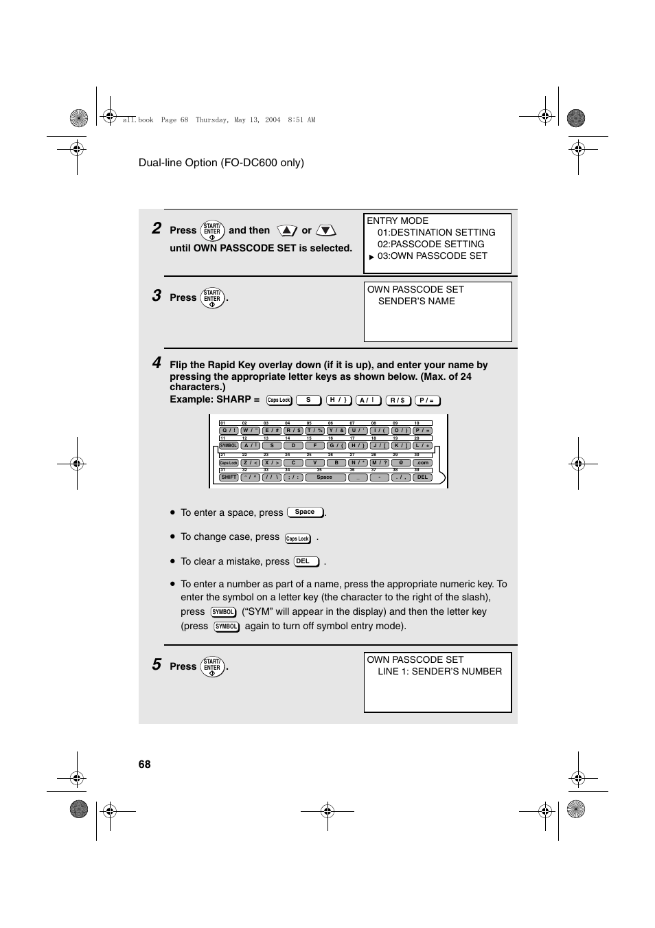 Press, Own passcode set line 1: sender’s number | Sharp FODC525 User Manual | Page 70 / 248