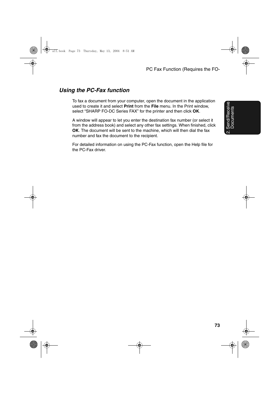 Using the pc-fax function | Sharp FODC525 User Manual | Page 75 / 248