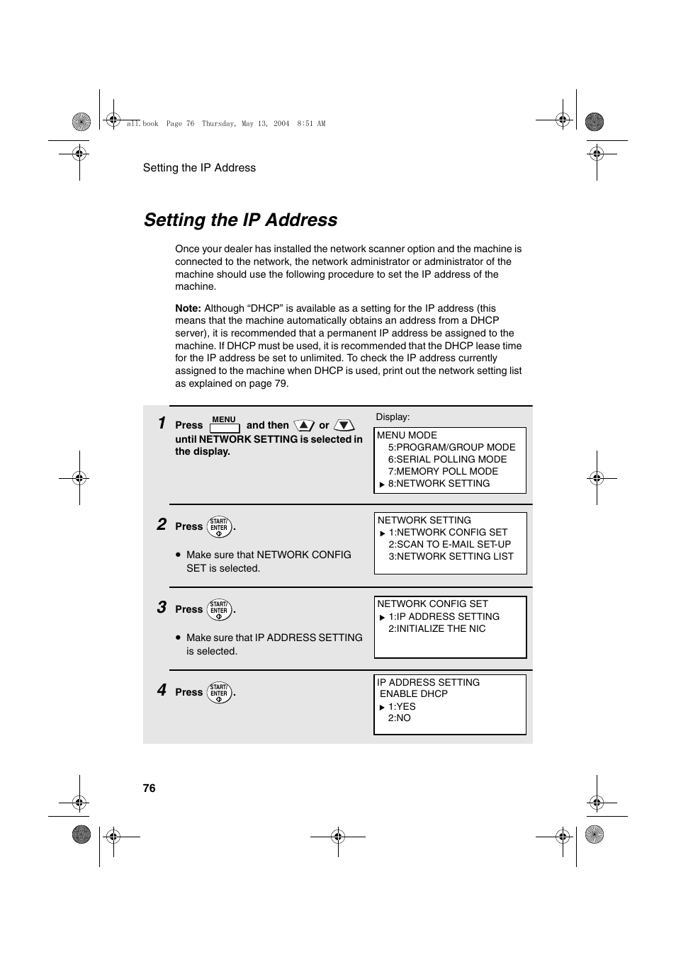 Setting the ip address | Sharp FODC525 User Manual | Page 78 / 248