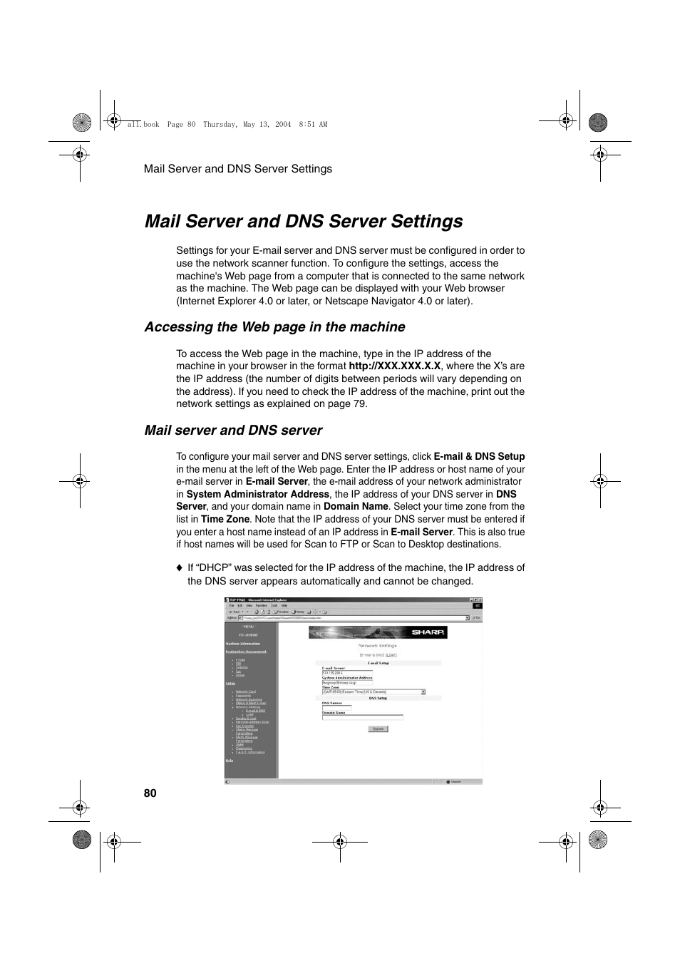 Mail server and dns server settings | Sharp FODC525 User Manual | Page 82 / 248