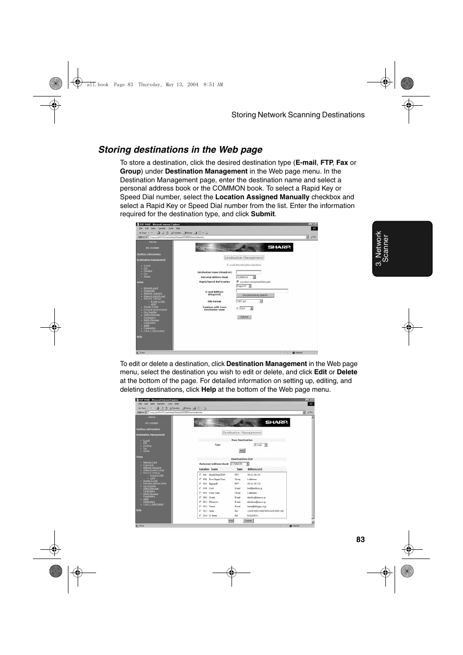 Storing destinations in the web page | Sharp FODC525 User Manual | Page 85 / 248
