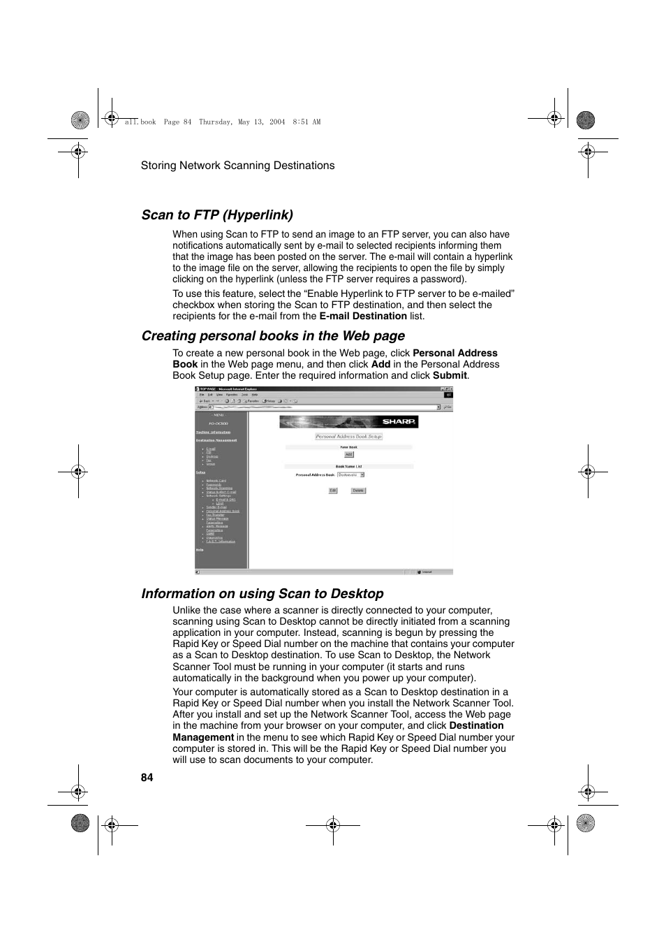 Scan to ftp (hyperlink), Creating personal books in the web page, Information on using scan to desktop | Sharp FODC525 User Manual | Page 86 / 248