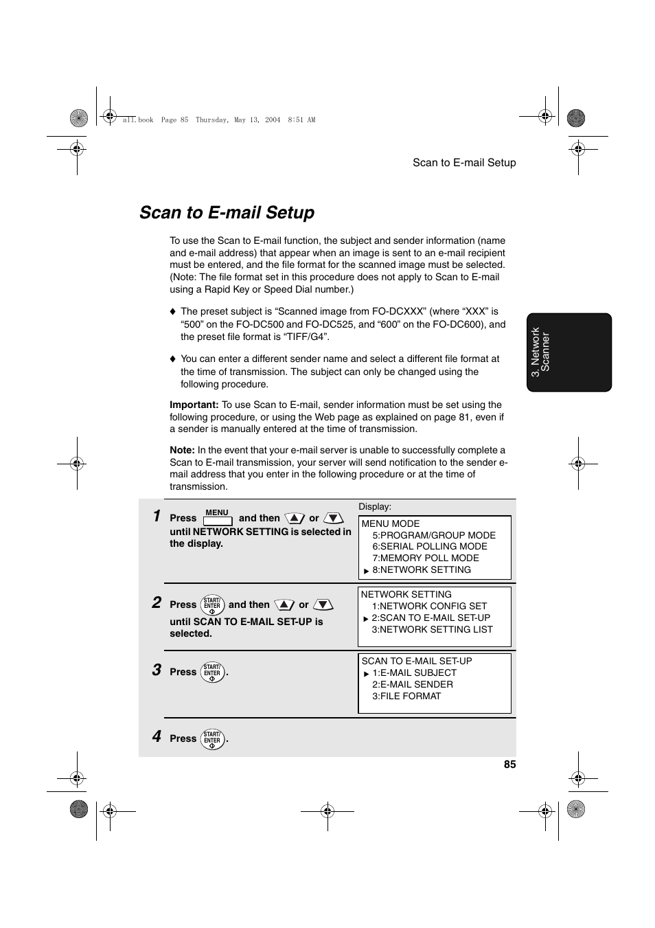 Scan to e-mail setup | Sharp FODC525 User Manual | Page 87 / 248