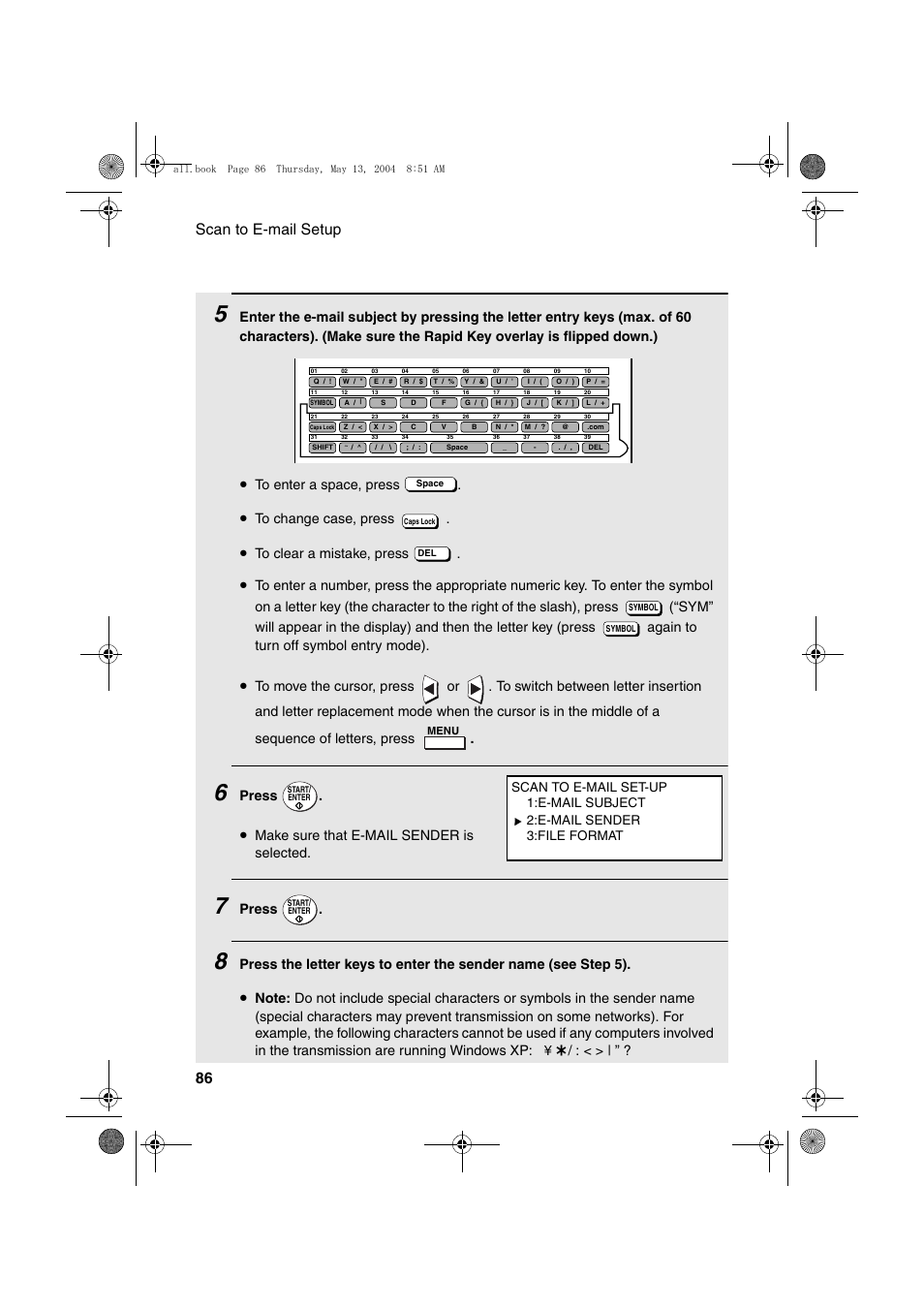 Scan to e-mail setup 86, Press, Make sure that e-mail sender is selected | Sharp FODC525 User Manual | Page 88 / 248