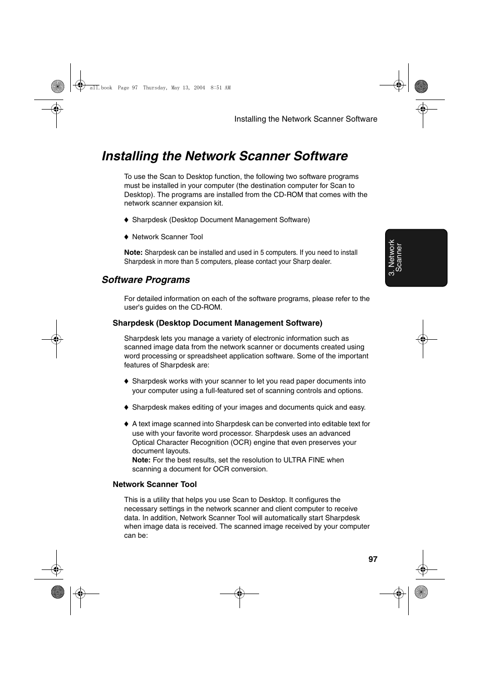 Installing the network scanner software, Software programs | Sharp FODC525 User Manual | Page 99 / 248