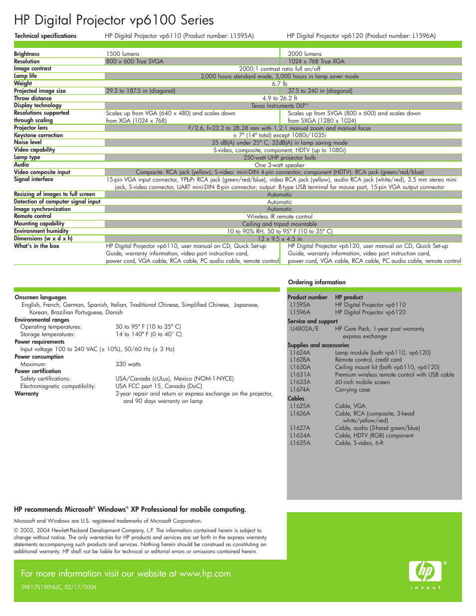 Hp digital projector vp6100 series | Sharp vp6100 User Manual | Page 4 / 4