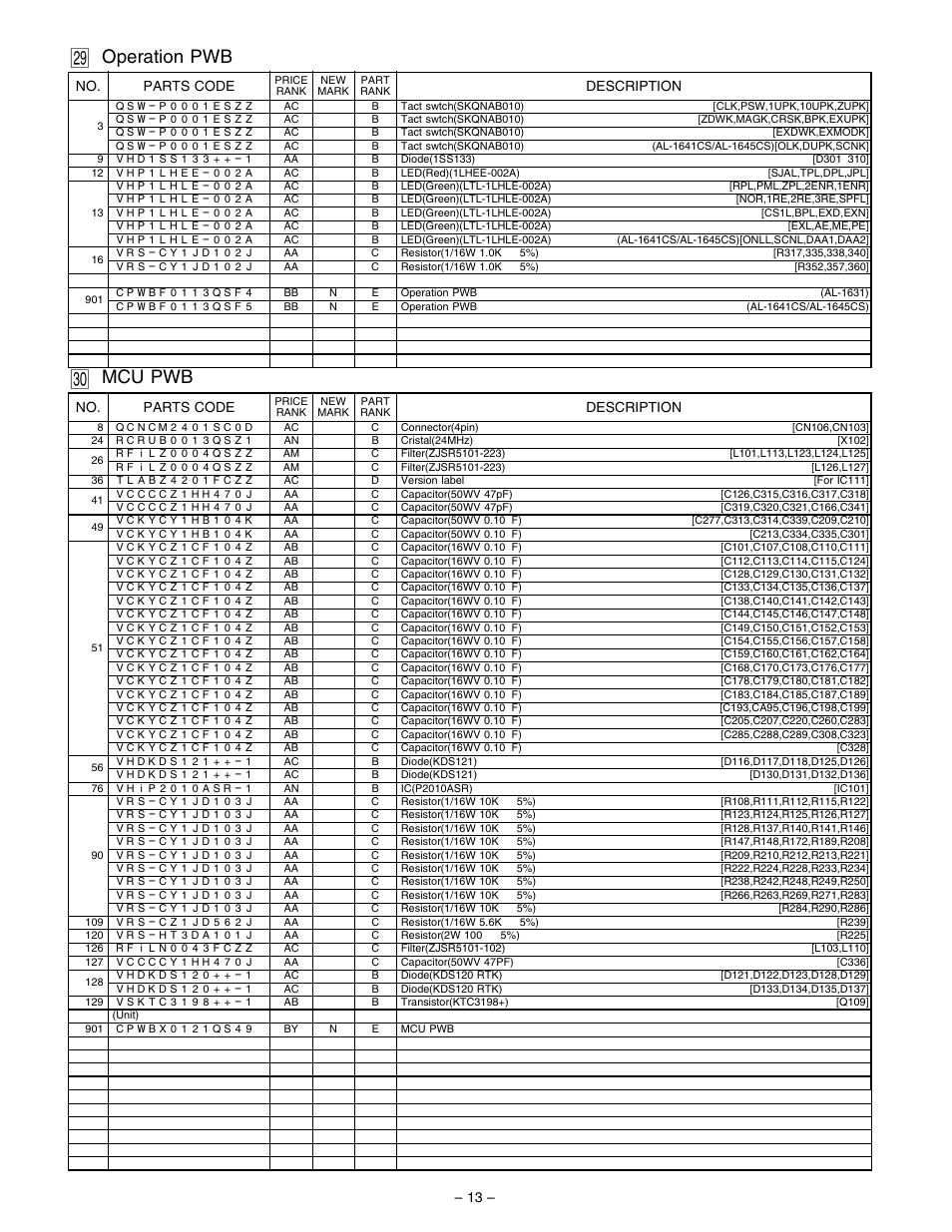 Operation pwb, Mcu pwb, No. parts code | Description | Sharp AL-1641CS User Manual | Page 16 / 20