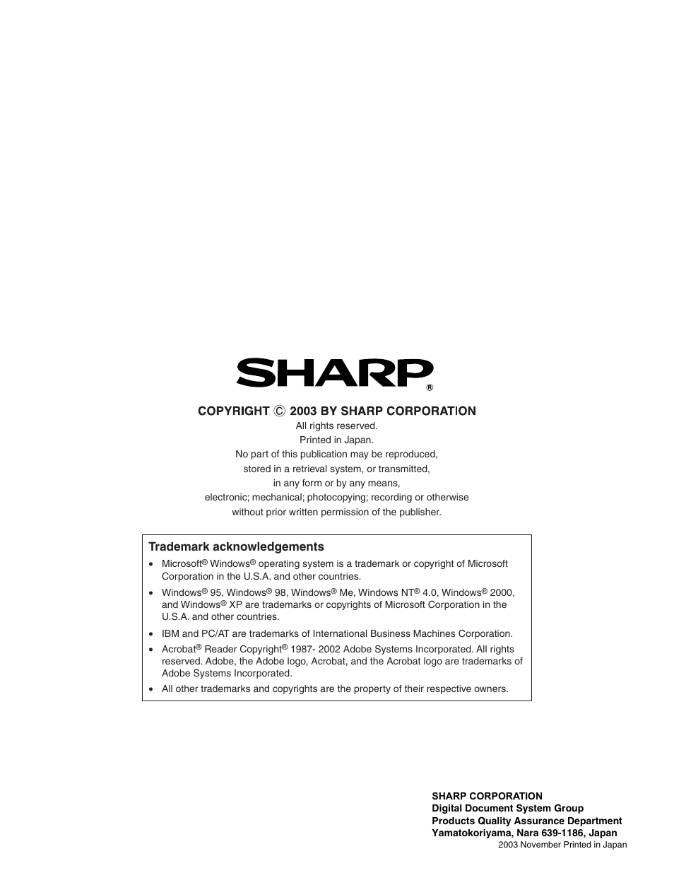 Trademark acknowledgements | Sharp AL-1641CS User Manual | Page 20 / 20