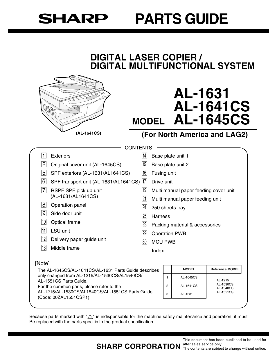 Parts guide, Al-1631, Al-1641cs | Al-1645cs, Model | Sharp AL-1641CS User Manual | Page 3 / 20