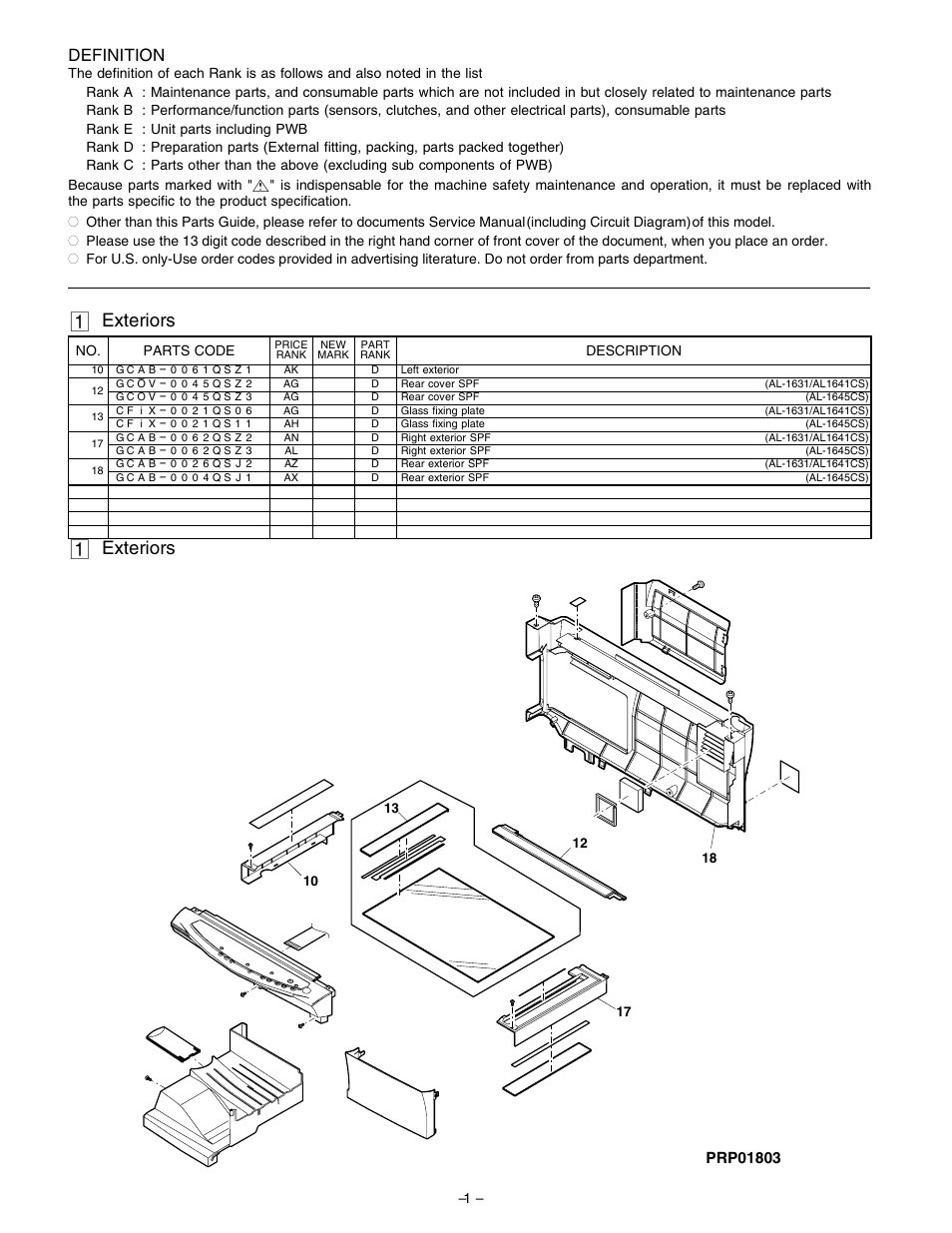 Exteriors, Definition | Sharp AL-1641CS User Manual | Page 4 / 20