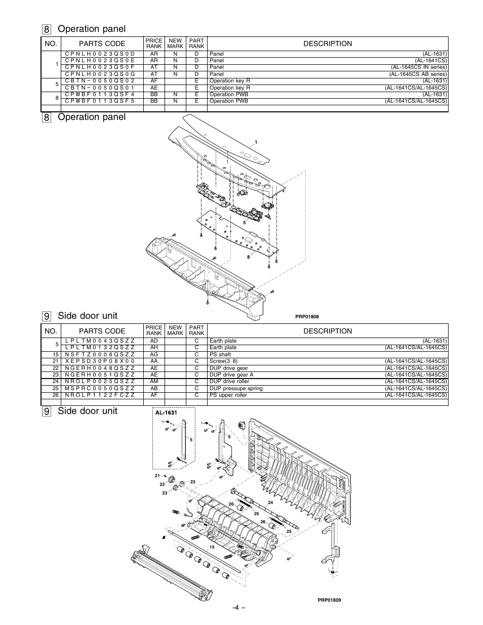 Operation panel, Side door unit, No. parts code | Description | Sharp AL-1641CS User Manual | Page 7 / 20