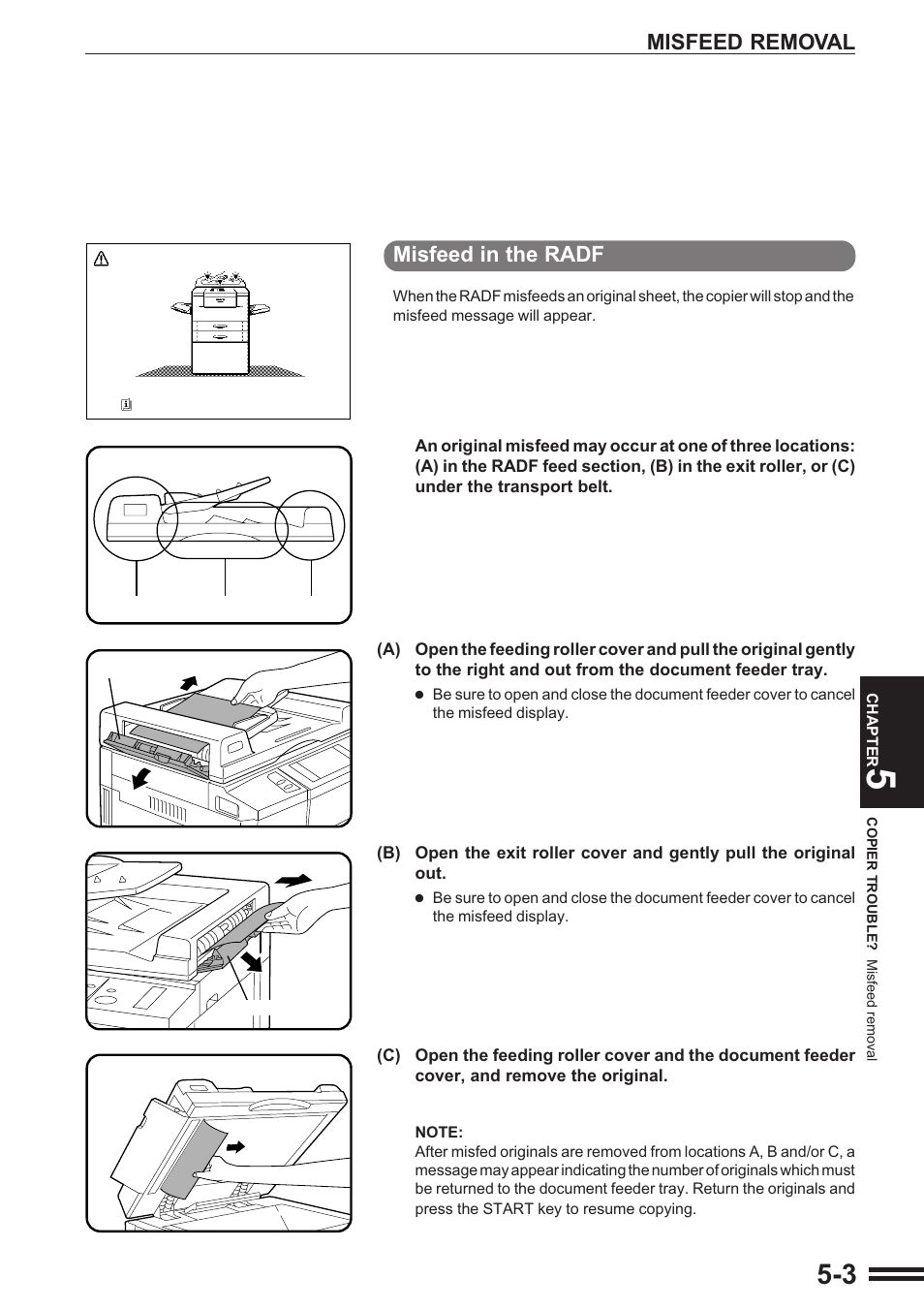 Misfeed in the radf, Misfeed removal | Sharp AR-337 User Manual | Page 91 / 152