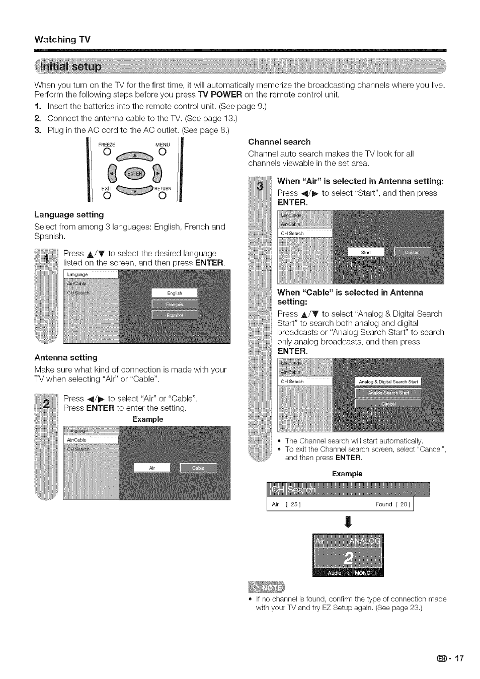 Antenna setting, Watching tv | Sharp Aquos LC 42D43U User Manual | Page 18 / 61