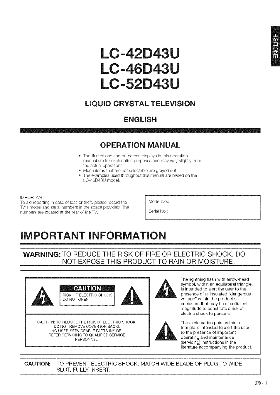 Important information | Sharp Aquos LC 42D43U User Manual | Page 2 / 61