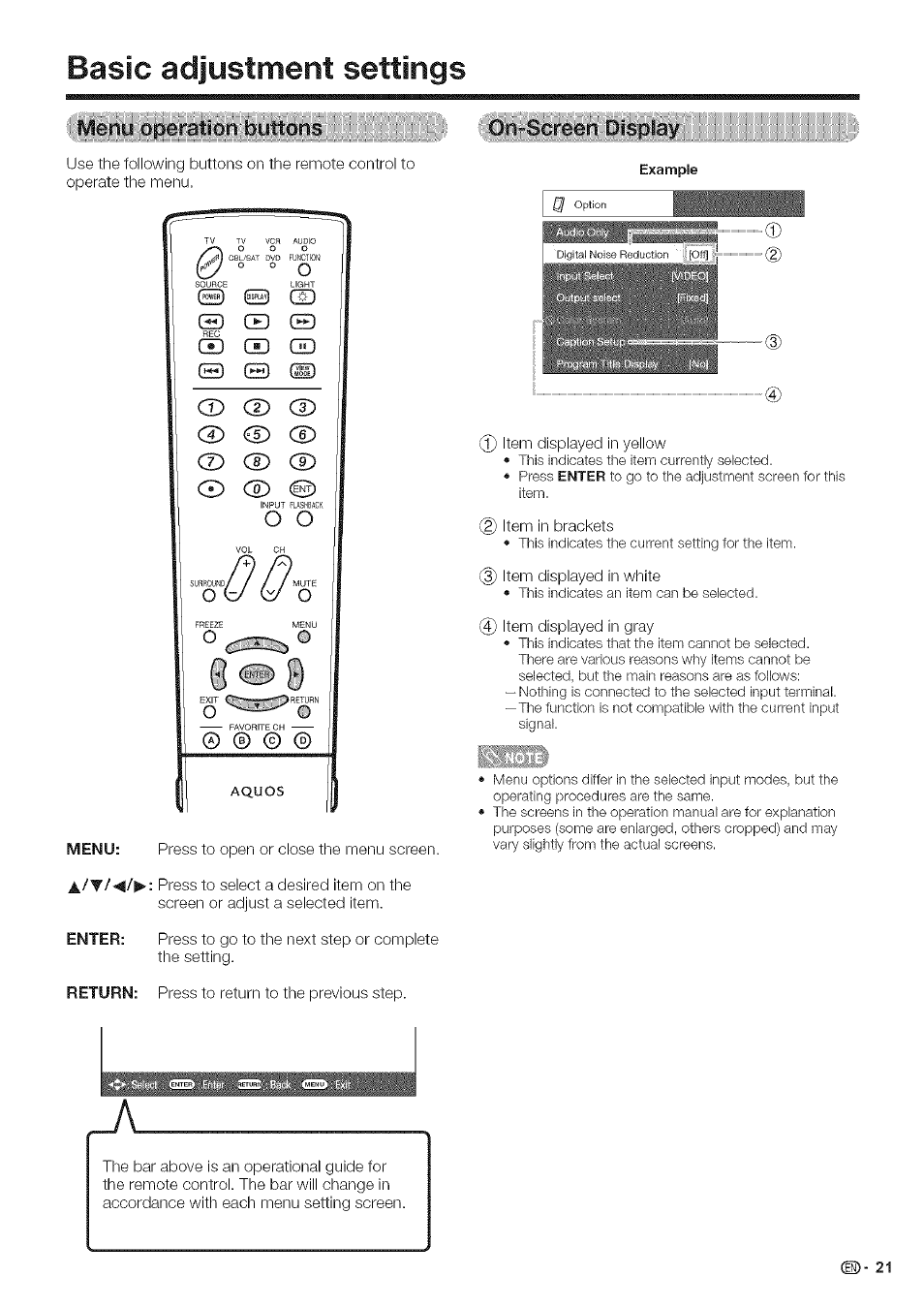 Basic adjustment settings, 0n-;s;creeh.:pte;|3;!;ay | Sharp Aquos LC 42D43U User Manual | Page 22 / 61
