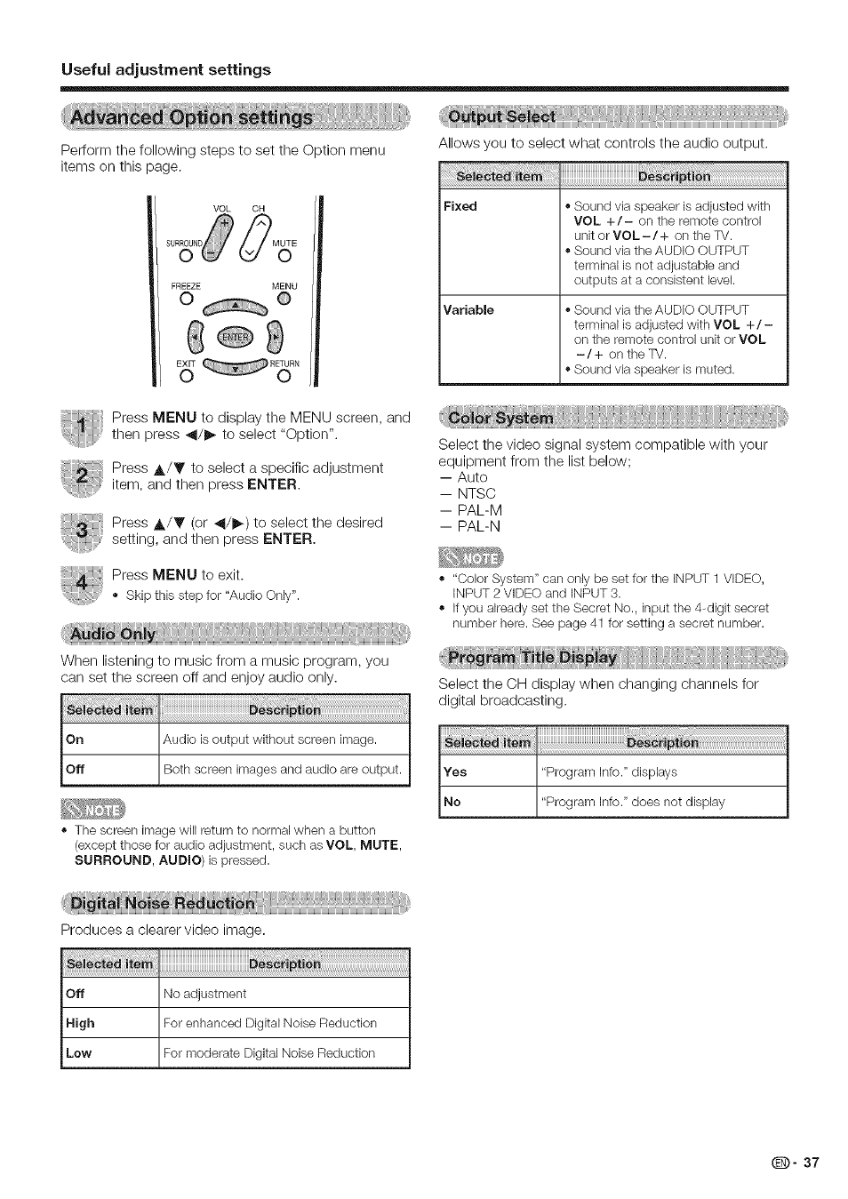 Adjustment settings, Cídíor systeifip, Useful | Sharp Aquos LC 42D43U User Manual | Page 38 / 61