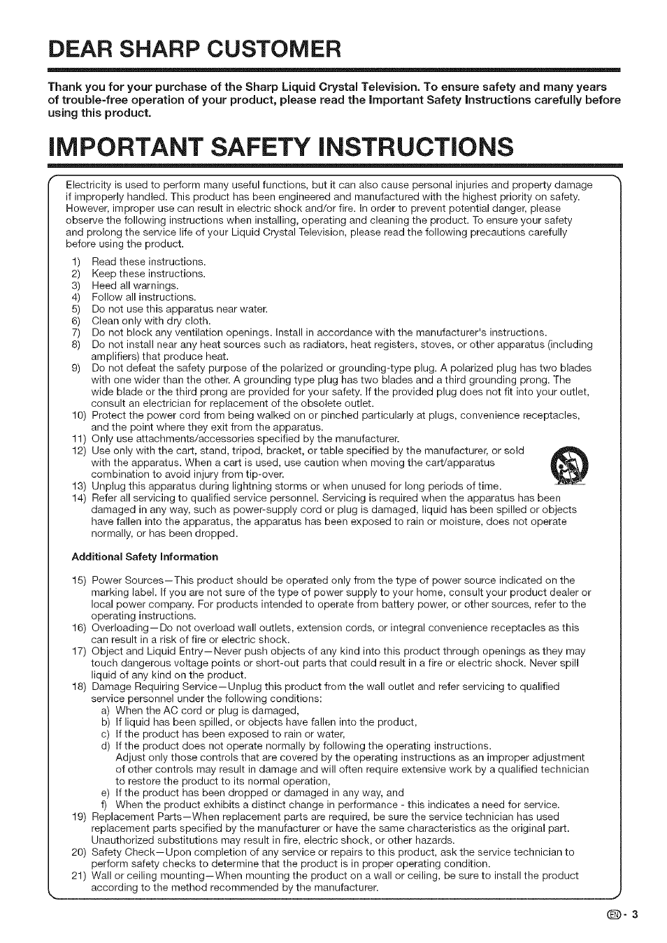 Dear sharp customer, Important safety instructions | Sharp Aquos LC 42D43U User Manual | Page 4 / 61