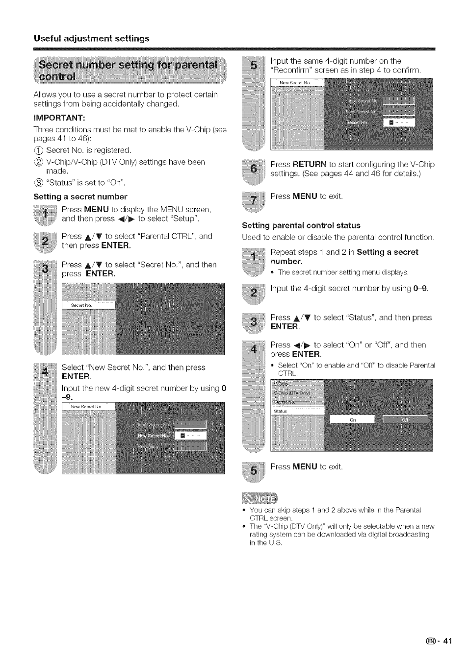 Secret; nyrriber: s;elting: for:;pareiitai cantrot, Setting parental control status, Number | Secret number setting for parental control, Adjustment settings, Useful | Sharp Aquos LC 42D43U User Manual | Page 42 / 61