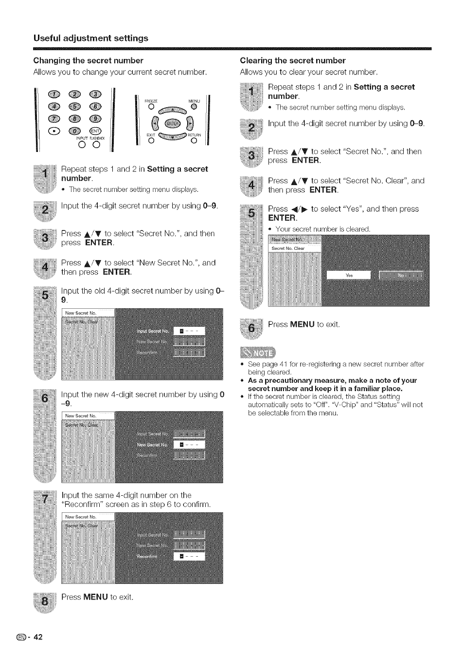 Changing the secret number, Adjustment settings, Cd cd cd ii (35 cd cd i | Ocd cd cd i cd | Sharp Aquos LC 42D43U User Manual | Page 43 / 61
