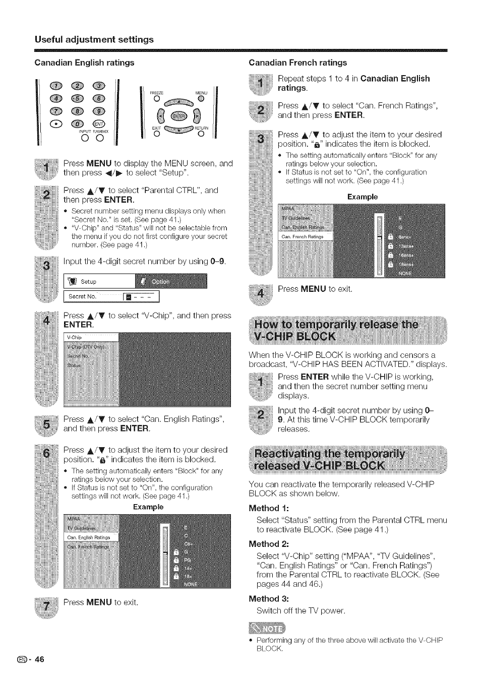 Canadian french ratings, Tempoiraftly irèleâsëvthé: : ibtoëm'wü, Tëlfââsëd:¥-ghi# (btöfökiiö | Method 1, Method 2, Method 3, Adjustment settings, O o ii o, Tempoiraftly irèleâsëvthé, Cd cd | Sharp Aquos LC 42D43U User Manual | Page 47 / 61