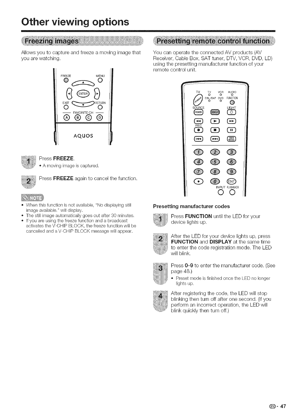Other viewing options, Ypresetting;-remiot^-ic, Presetting manufacturer codes | Sharp Aquos LC 42D43U User Manual | Page 48 / 61