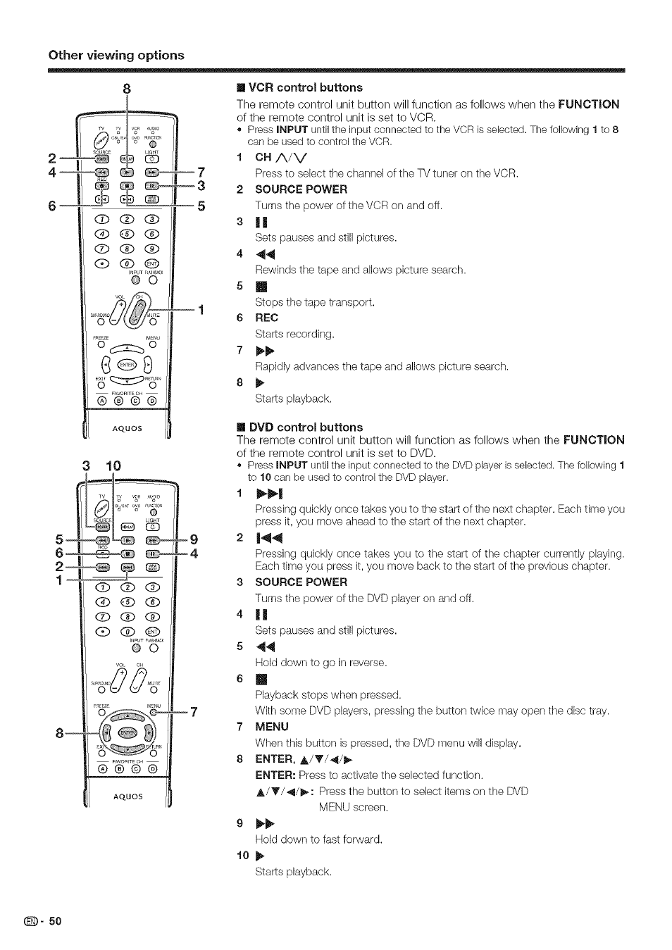 Vcr control buttons, 1 ch a/v, 2 source power | 3 ii, 6 rec, Dvd control buttons, 3 source power, 4 ii, 7 menu, 8 enter | Sharp Aquos LC 42D43U User Manual | Page 51 / 61