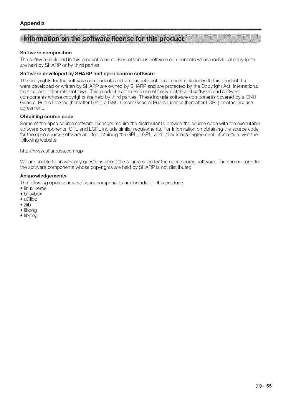 Ïnfôrrrîâtidin-qiiilthë-fpirscjyct, Software composition, Appendix | Sharp Aquos LC 42D43U User Manual | Page 56 / 61