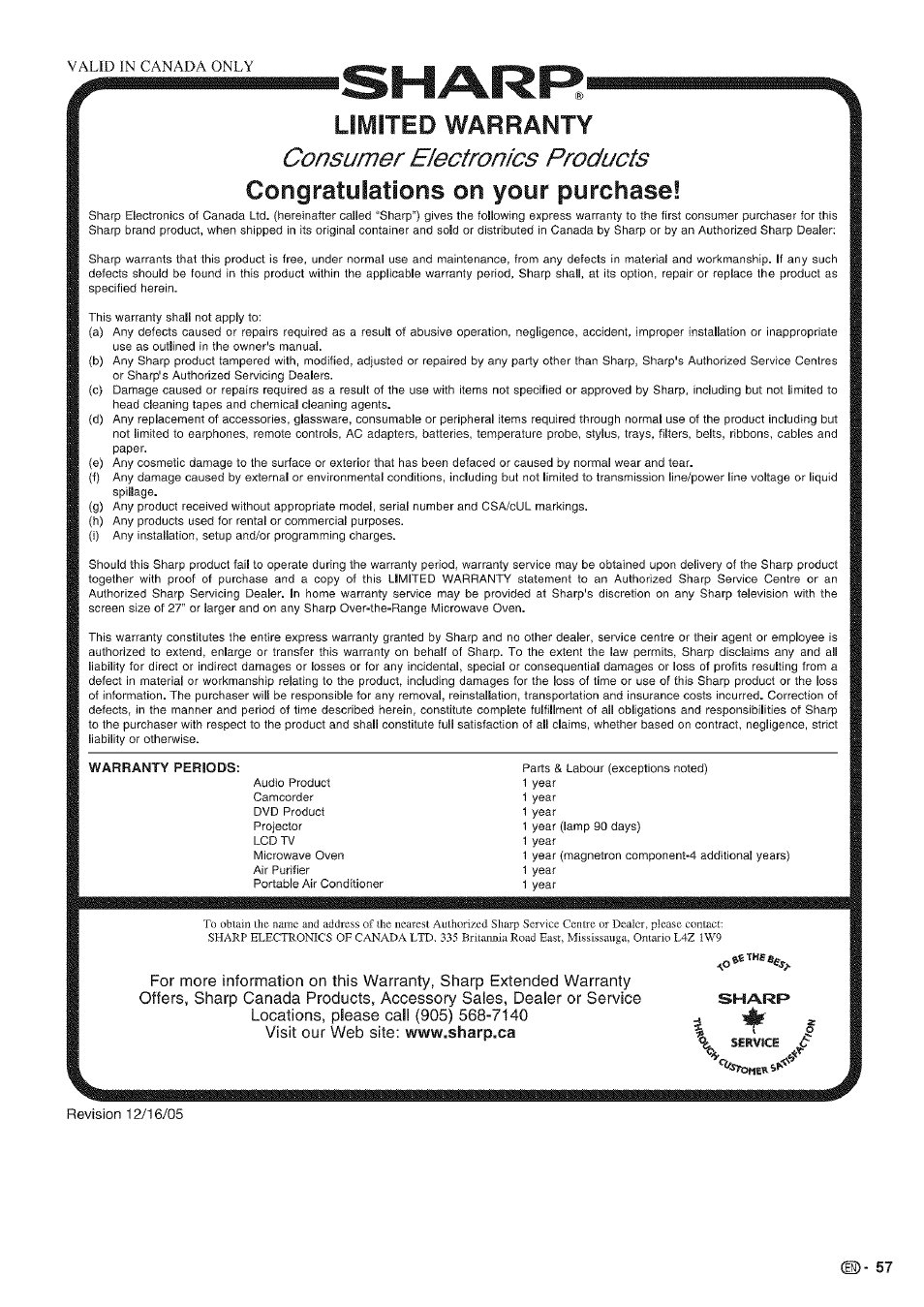 Consumer electronics products, Limited warranty | Sharp Aquos LC 42D43U User Manual | Page 58 / 61