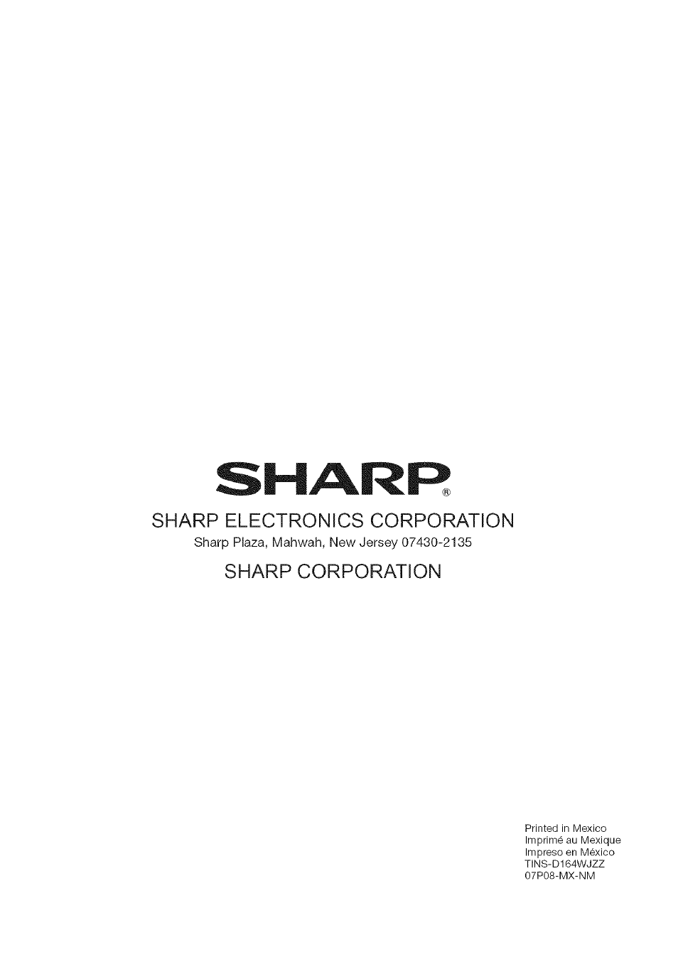 Sharp electronics corporation, Sharp corporation | Sharp Aquos LC 42D43U User Manual | Page 61 / 61