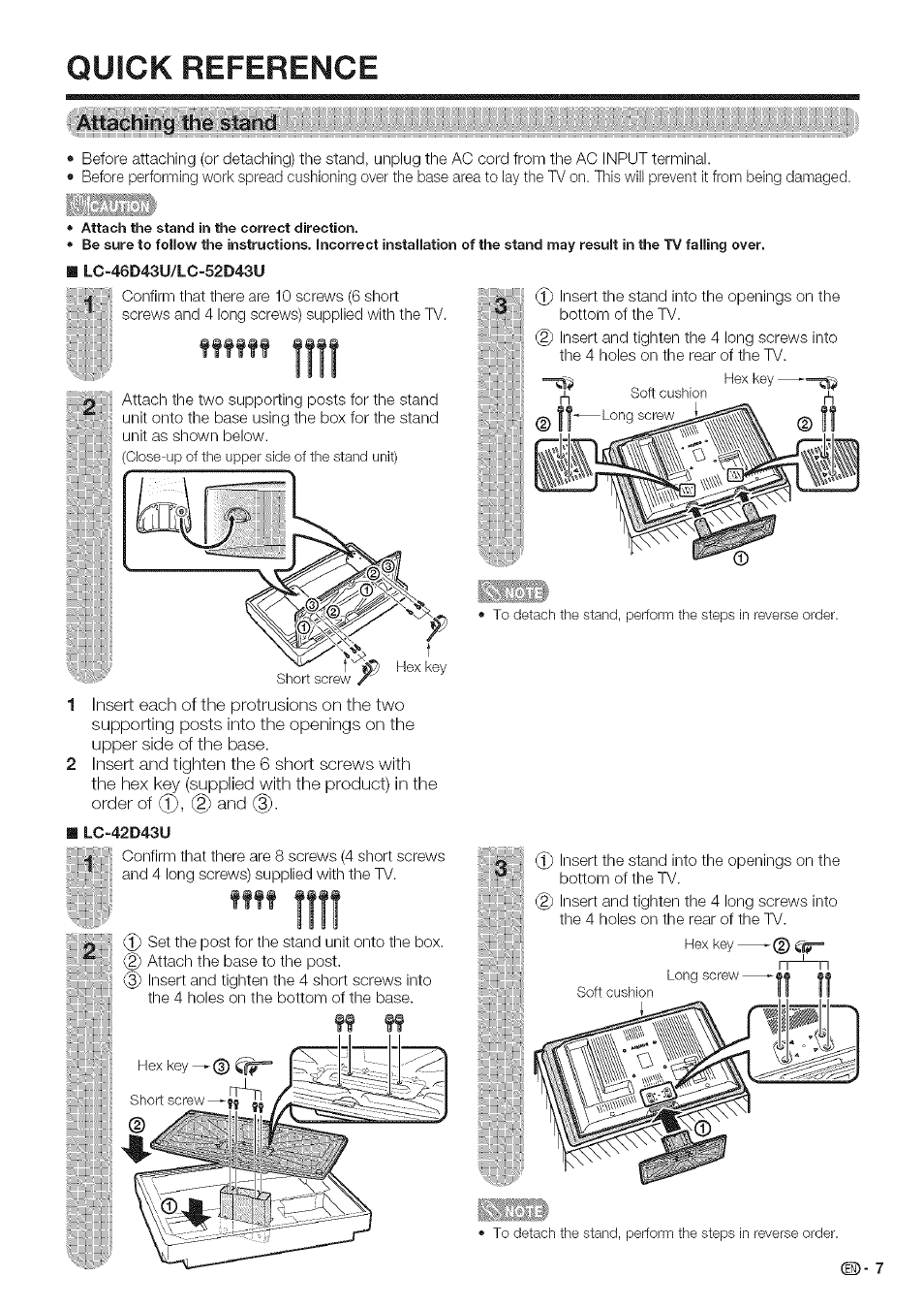 Quick reference, Attaching: ïheïstàrid, Îiîî | Sharp Aquos LC 42D43U User Manual | Page 8 / 61