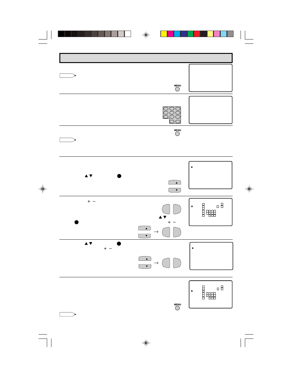 Parent control (v-chip operation) (continued), 2] tv guidelines, If secret no. is already set, skip to step 9 | Enter a 4-digit secret no. using the remote keypad, When done, press menu to exit, Repeat steps 1 to 4 of [1] mpaa rating, Press vol k / l to access the tv guidelines screen, Press menu to return to the tv guidelines screen, Press menu to exit | Sharp 36C530 User Manual | Page 18 / 60