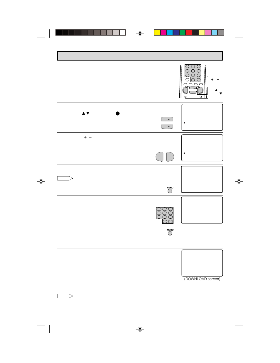 Press, Mark to “download, If secret no. is already set, skip to step 6 | Downloading v-chip data, Repeat steps 1 to 4 of [1] mpaa rating, Ch a / s, Press vol k / l to select “download : on, Enter a 4-digit secret no. using the remote keypad, Press menu to exit | Sharp 36C530 User Manual | Page 19 / 60