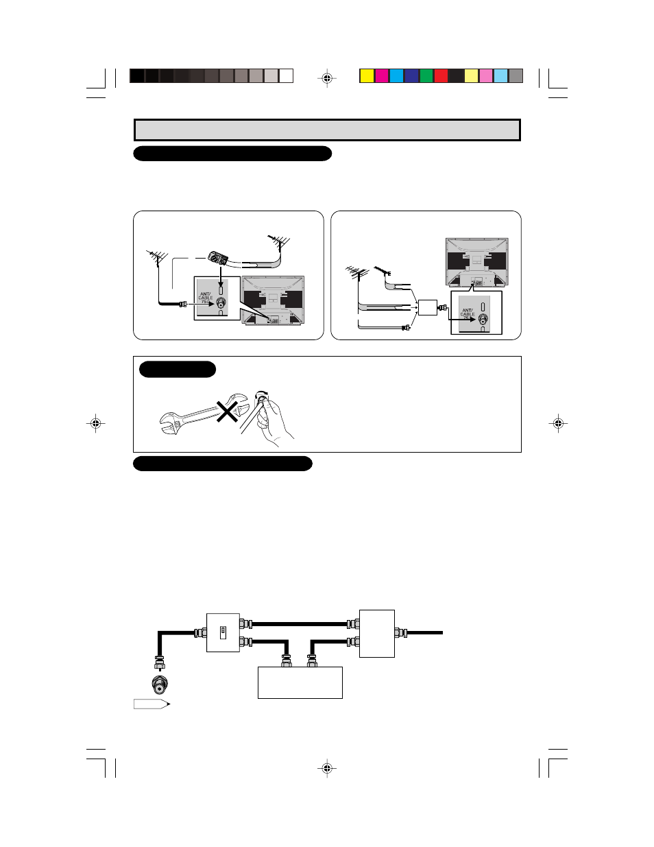 Notice, Antenna connections (continued), Cable tv (catv) connection | Outdoor antenna connection, F-type connector should be finger-tightened only | Sharp 36C530 User Manual | Page 6 / 60