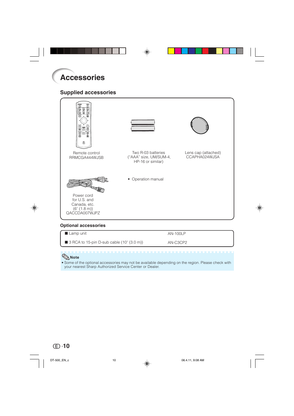Accessories, Supplied accessories | Sharp DT-500 User Manual | Page 11 / 66